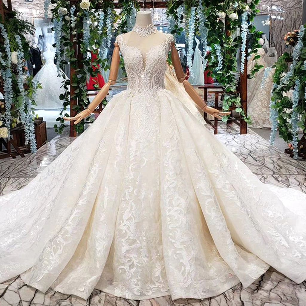 Gold Lace Beaded V-Neck Long Sleeves Ball Gown Wedding Dresses with Chapel  Train, MW154 – Musebridals
